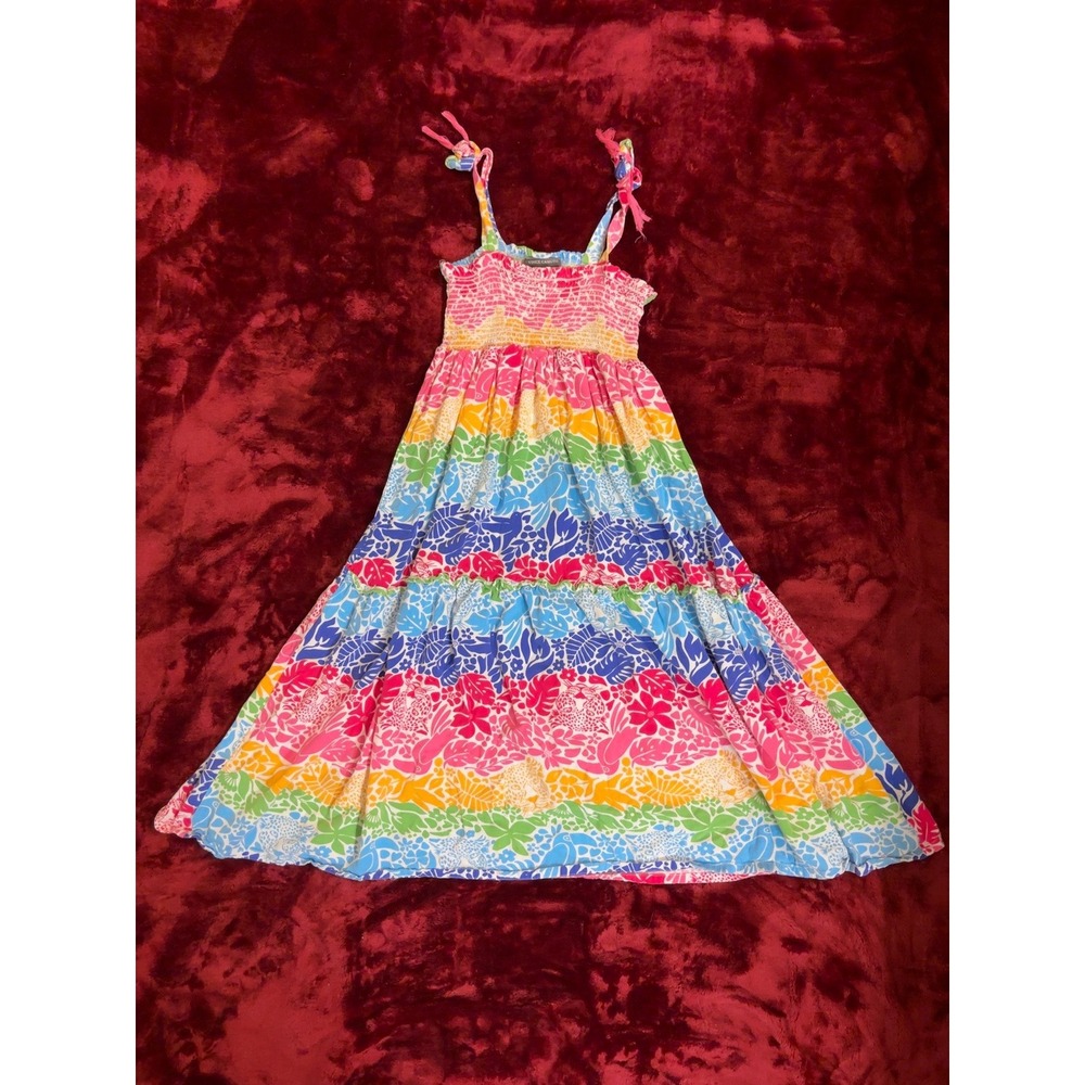 Vince Camuto Girls Rainbow Tropical Floral Smocked Tiered Maxi Dress Size 6X